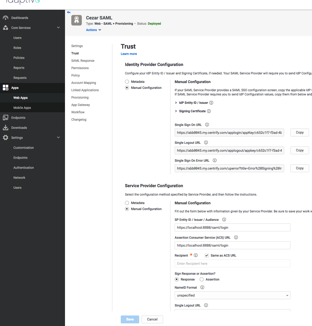 Trust screen with Identity provider configuration and service provider configuration sections visible